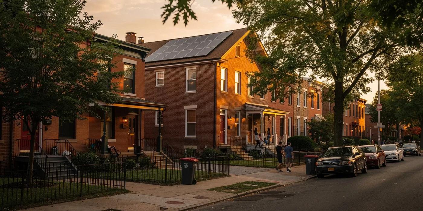 Rooftop solar panels on a DC rowhouse with Capitol Hill neighborhood visible in the background