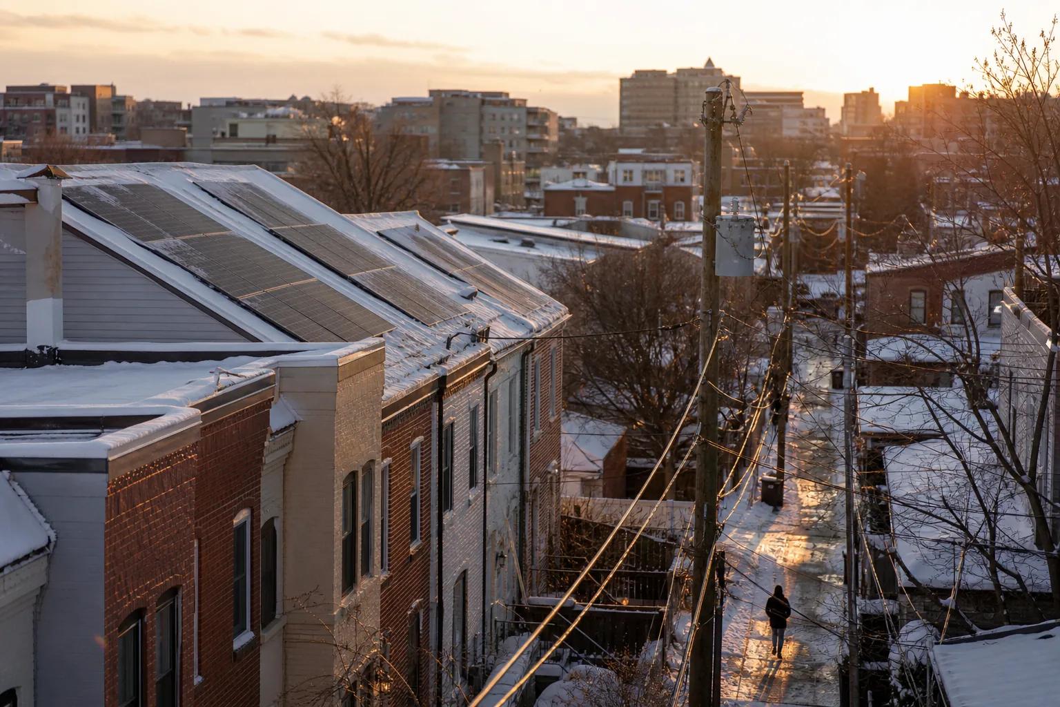Winter in Washington DC with rowhouse rooftops and solar panels visible after light snowfall, illustrating solar panels working in winter
