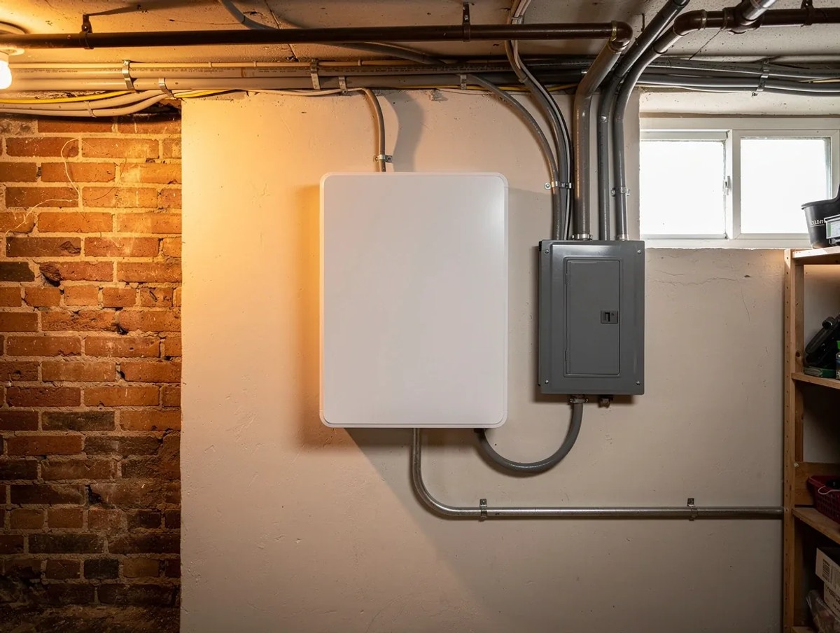 Home battery storage unit installed in DC row house basement utility room