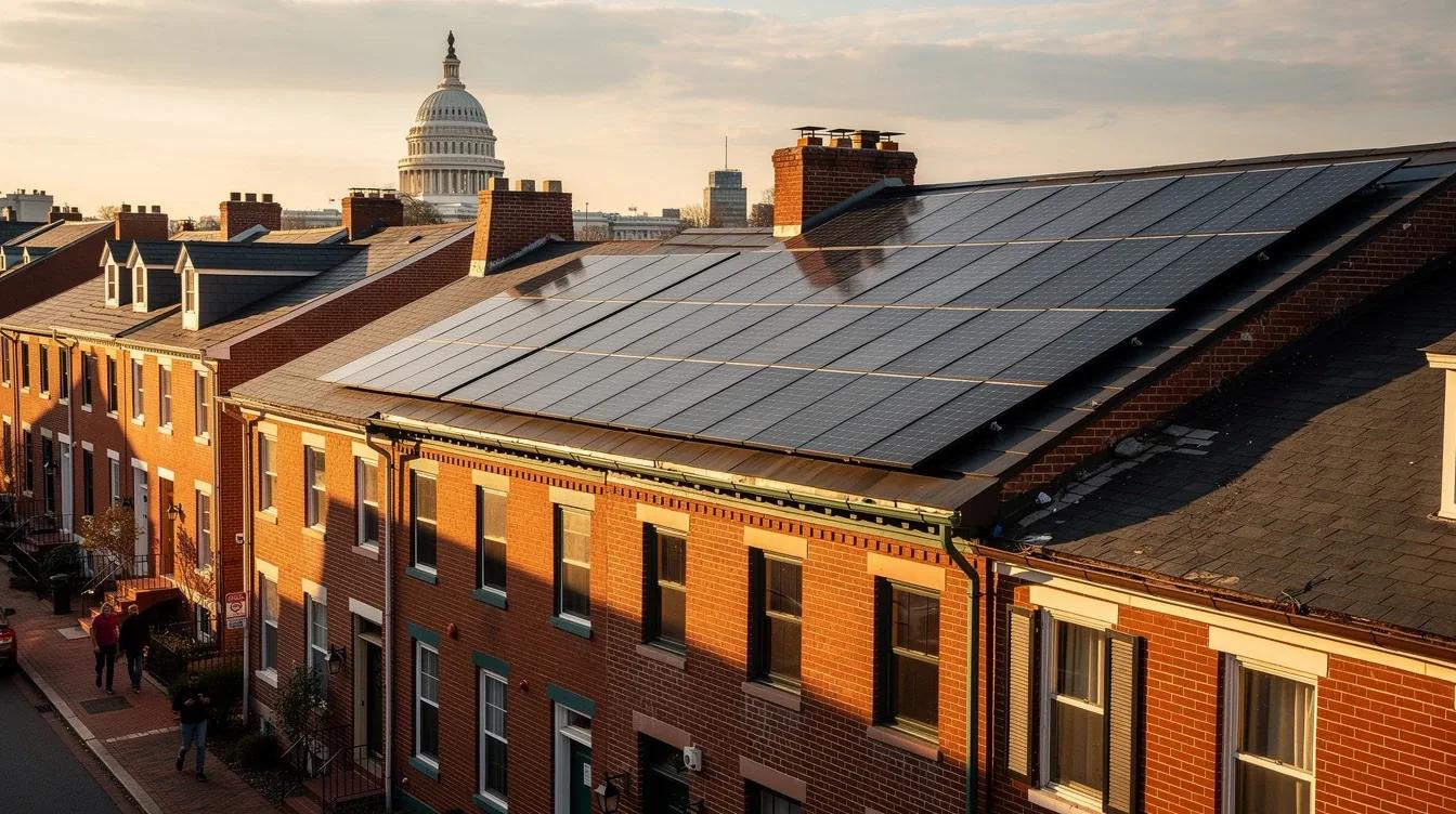 Solar panels installed on a DC rowhouse rooftop with the Capitol dome visible in the background