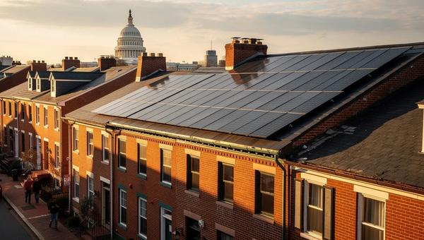 Solar panels installed on a DC rowhouse rooftop with the Capitol dome visible in the background