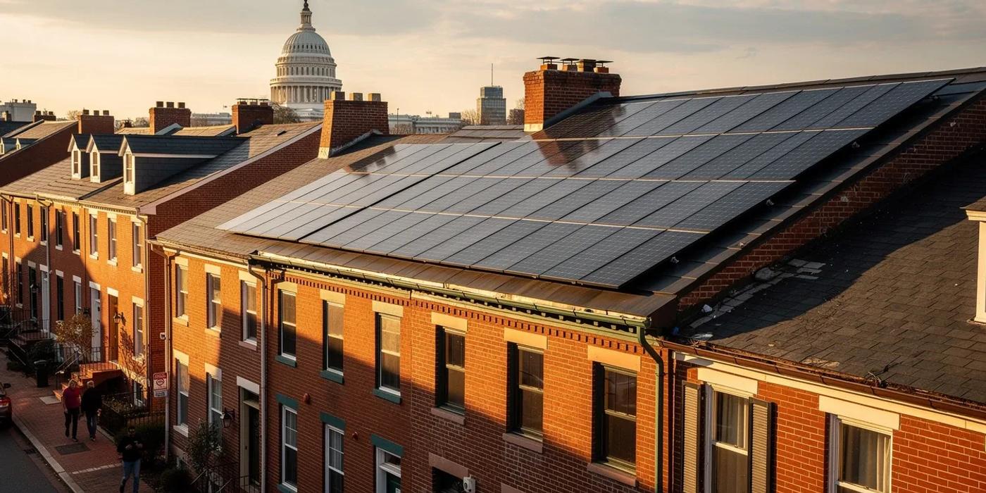 Solar panels installed on a DC rowhouse rooftop with the Capitol dome visible in the background