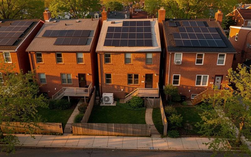 Solar panels on a DC row house roof with a heat pump outdoor unit visible in the alley below
