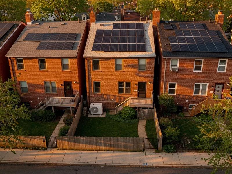 Solar panels on a DC row house roof with a heat pump outdoor unit visible in the alley below