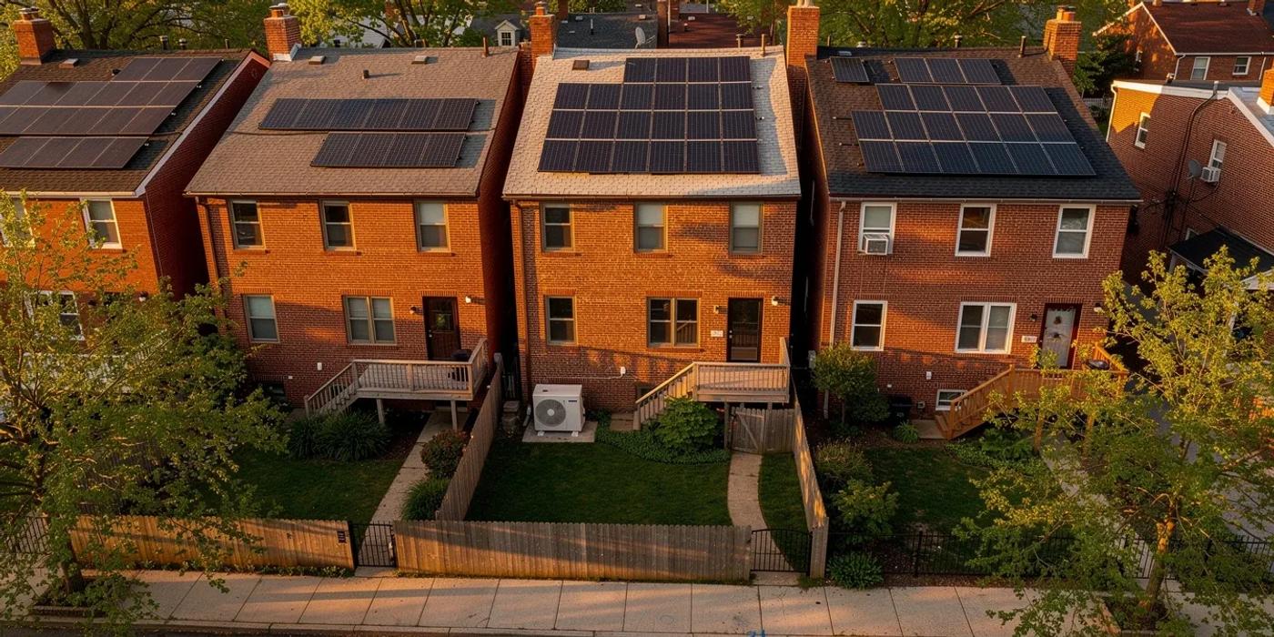 Solar panels on a DC row house roof with a heat pump outdoor unit visible in the alley below