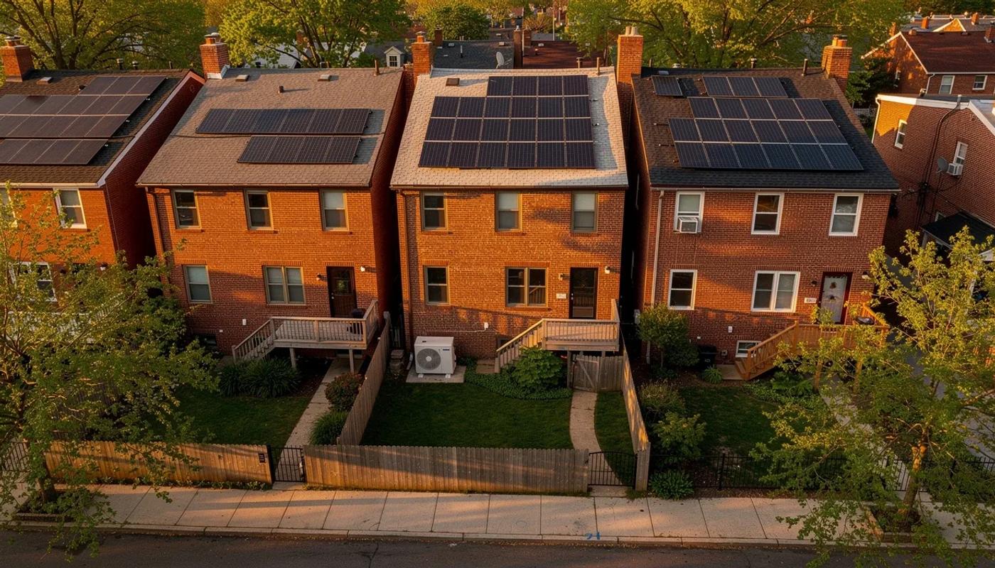 Solar panels on a DC row house roof with a heat pump outdoor unit visible in the alley below