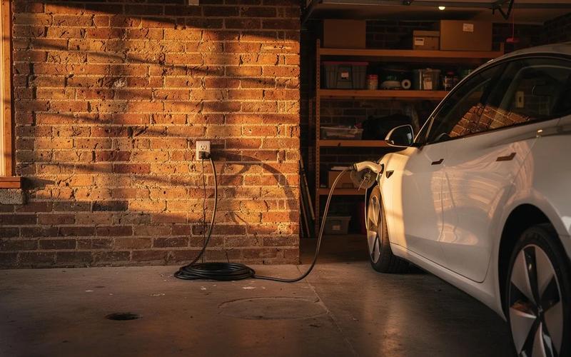 Level 1 EV charger plugged into a row house garage outlet in Washington DC