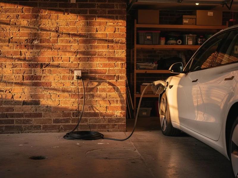Level 1 EV charger plugged into a row house garage outlet in Washington DC