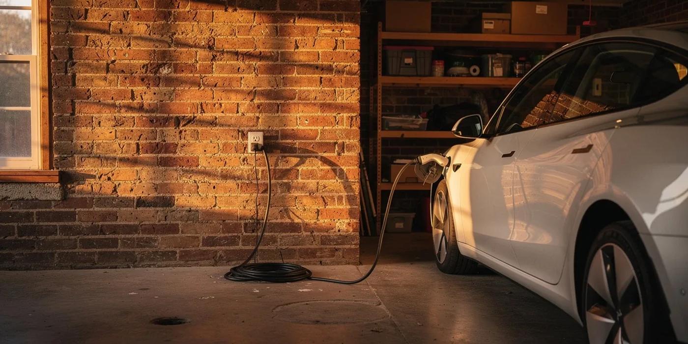 Level 1 EV charger plugged into a row house garage outlet in Washington DC