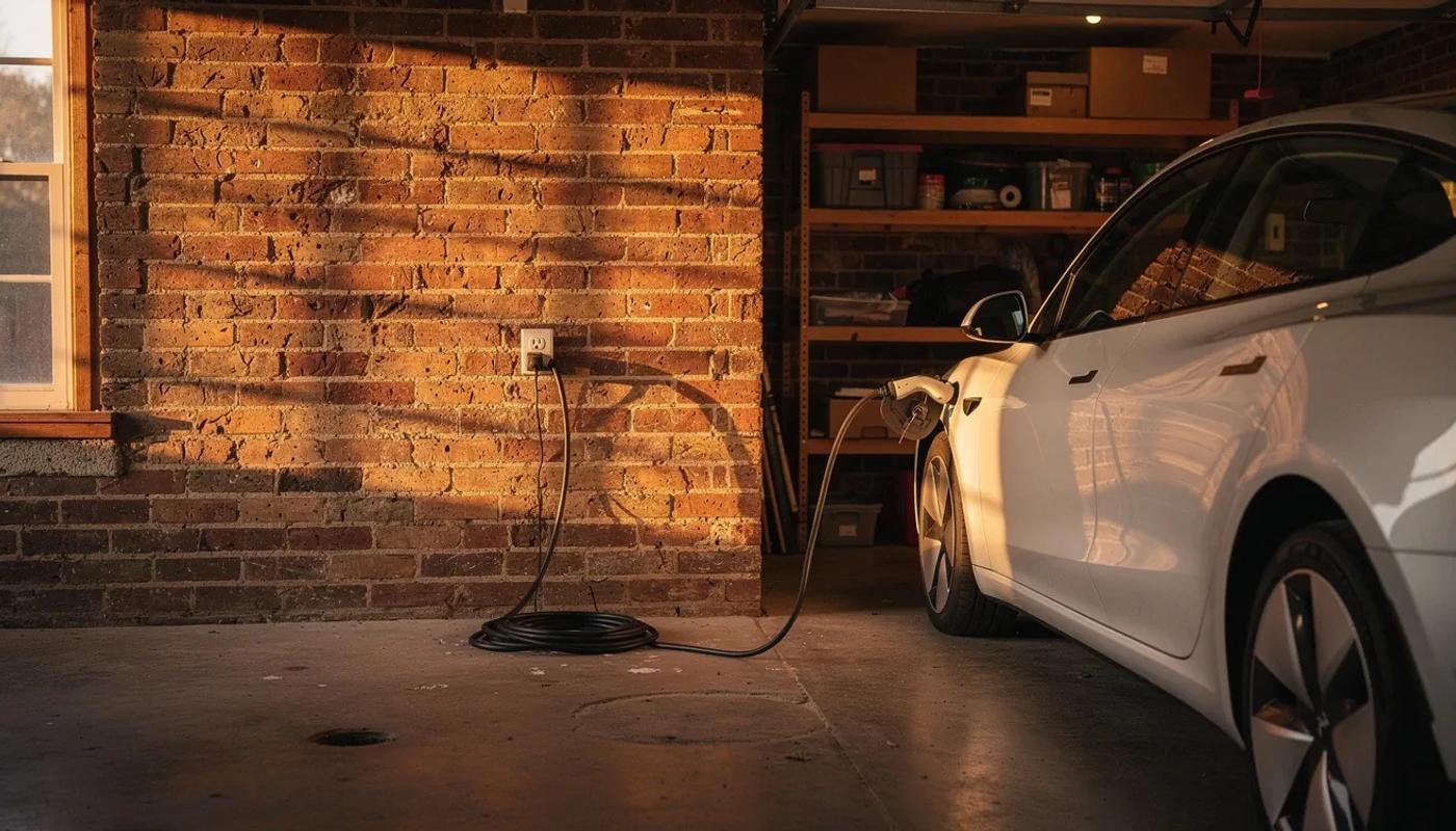 Level 1 EV charger plugged into a row house garage outlet in Washington DC