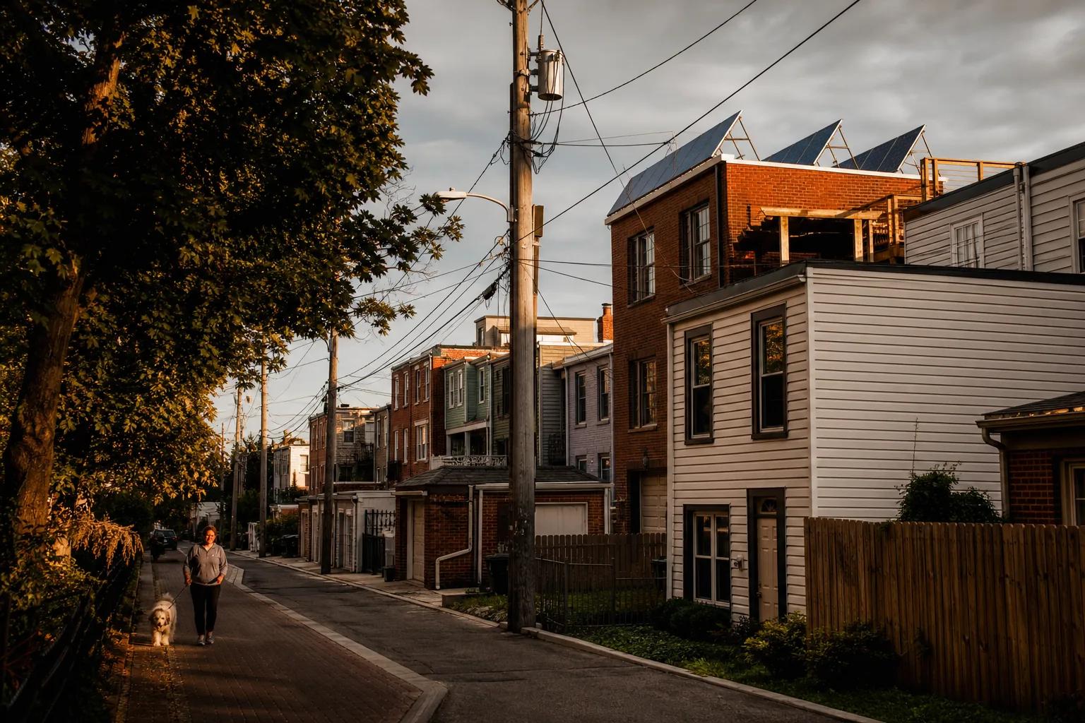 Washington, DC rowhouse block with rooftop solar panels visible, illustrating the shift from Tesla solar tiles to conventional panels