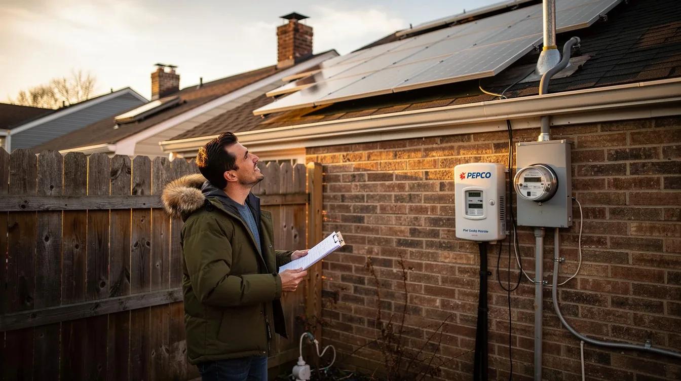 Pepco utility meter box on the exterior of a DC row house with solar conduit running from the roof, showing the interconnection point between a residential solar system and the grid
