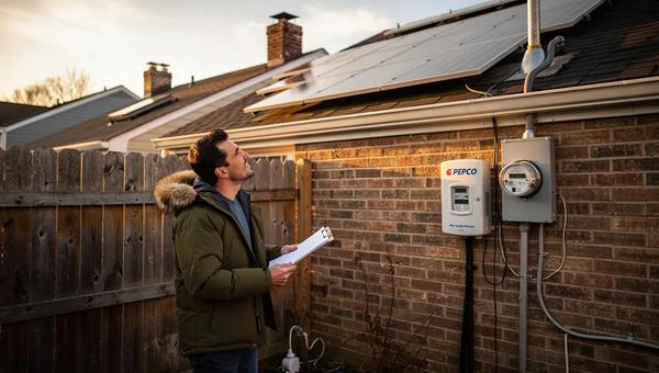 Pepco utility meter box on the exterior of a DC row house with solar conduit running from the roof, showing the interconnection point between a residential solar system and the grid