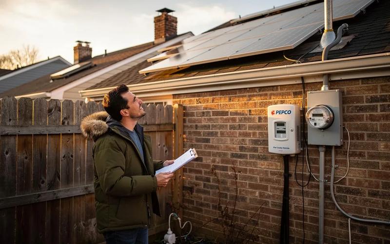Pepco utility meter box on the exterior of a DC row house with solar conduit running from the roof, showing the interconnection point between a residential solar system and the grid
