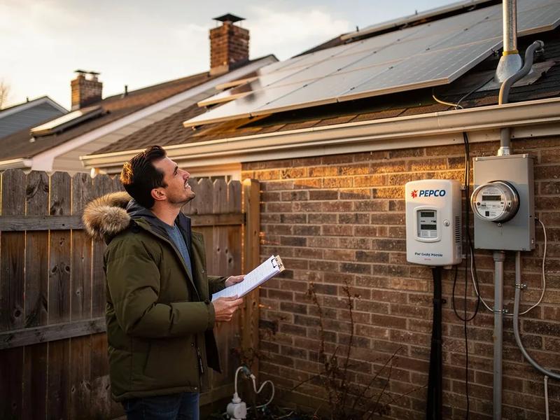Pepco utility meter box on the exterior of a DC row house with solar conduit running from the roof, showing the interconnection point between a residential solar system and the grid