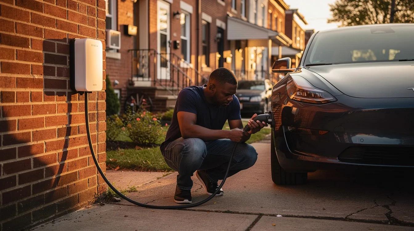 Level 2 EV charger mounted on the exterior brick wall of a Washington DC row house with an electric vehicle parked in the driveway