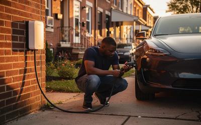 Level 2 EV charger mounted on the exterior brick wall of a Washington DC row house with an electric vehicle parked in the driveway