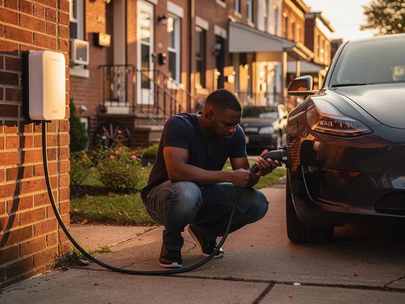 Level 2 EV charger mounted on the exterior brick wall of a Washington DC row house with an electric vehicle parked in the driveway