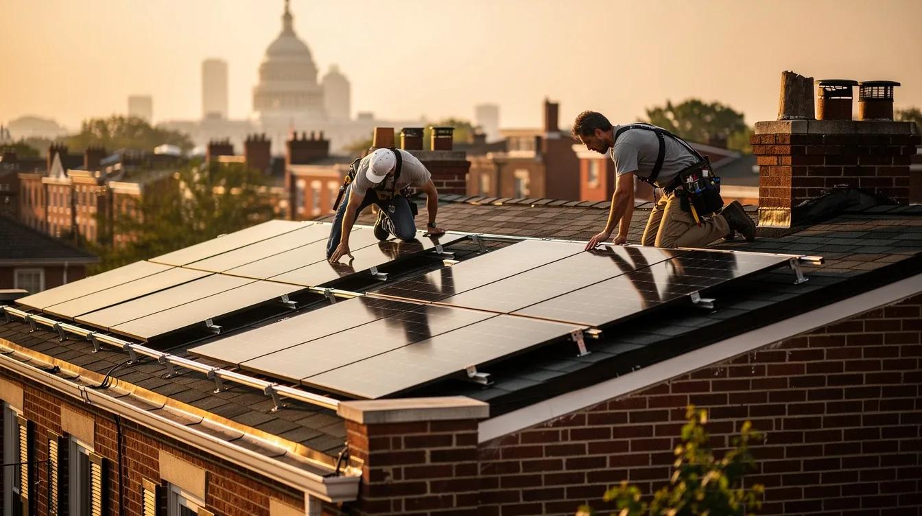 Solar panels being installed on a row house rooftop in Washington DC with a permit notice posted on the front door