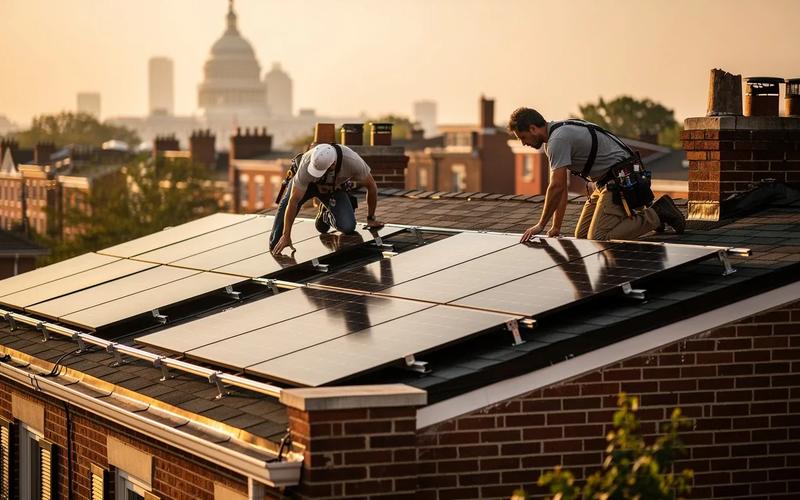 Solar panels being installed on a row house rooftop in Washington DC with a permit notice posted on the front door