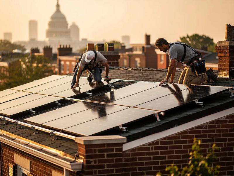 Solar panels being installed on a row house rooftop in Washington DC with a permit notice posted on the front door