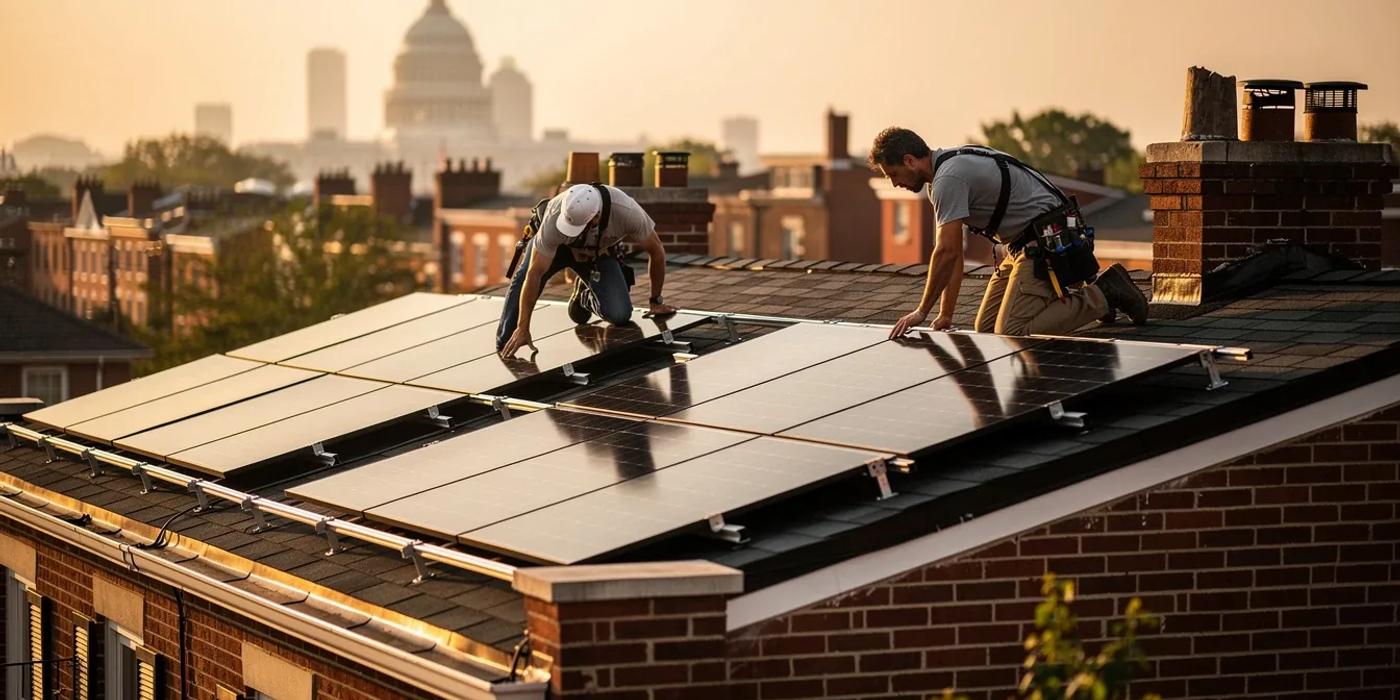 Solar panels being installed on a row house rooftop in Washington DC with a permit notice posted on the front door