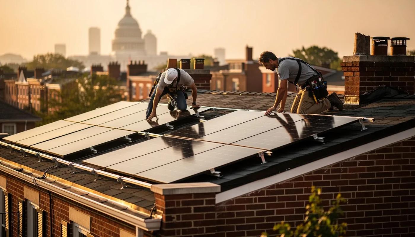 Solar panels being installed on a row house rooftop in Washington DC with a permit notice posted on the front door