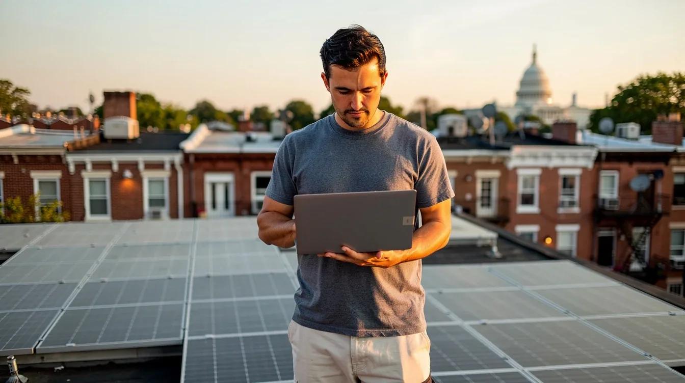 Solar panels on a DC rowhouse roof with monitoring data visible on a laptop in the foreground
