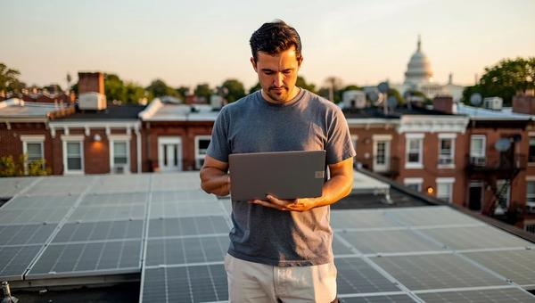 Solar panels on a DC rowhouse roof with monitoring data visible on a laptop in the foreground
