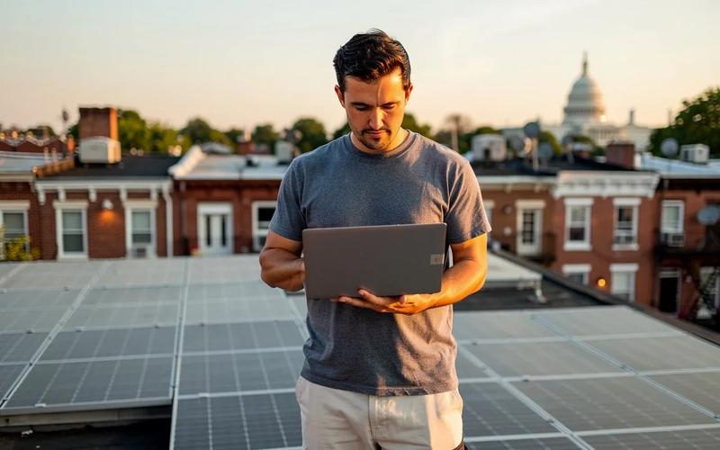 Solar panels on a DC rowhouse roof with monitoring data visible on a laptop in the foreground