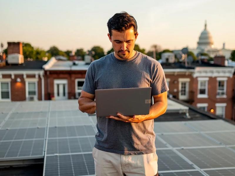 Solar panels on a DC rowhouse roof with monitoring data visible on a laptop in the foreground