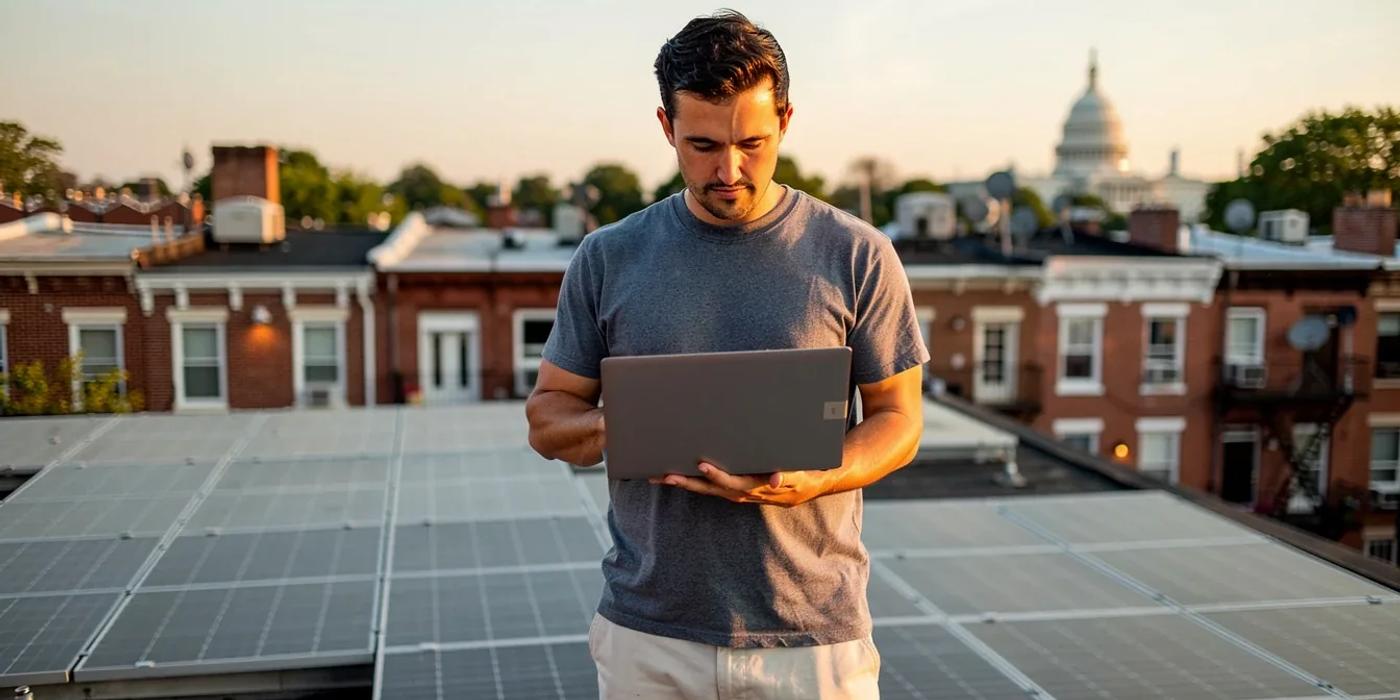 Solar panels on a DC rowhouse roof with monitoring data visible on a laptop in the foreground