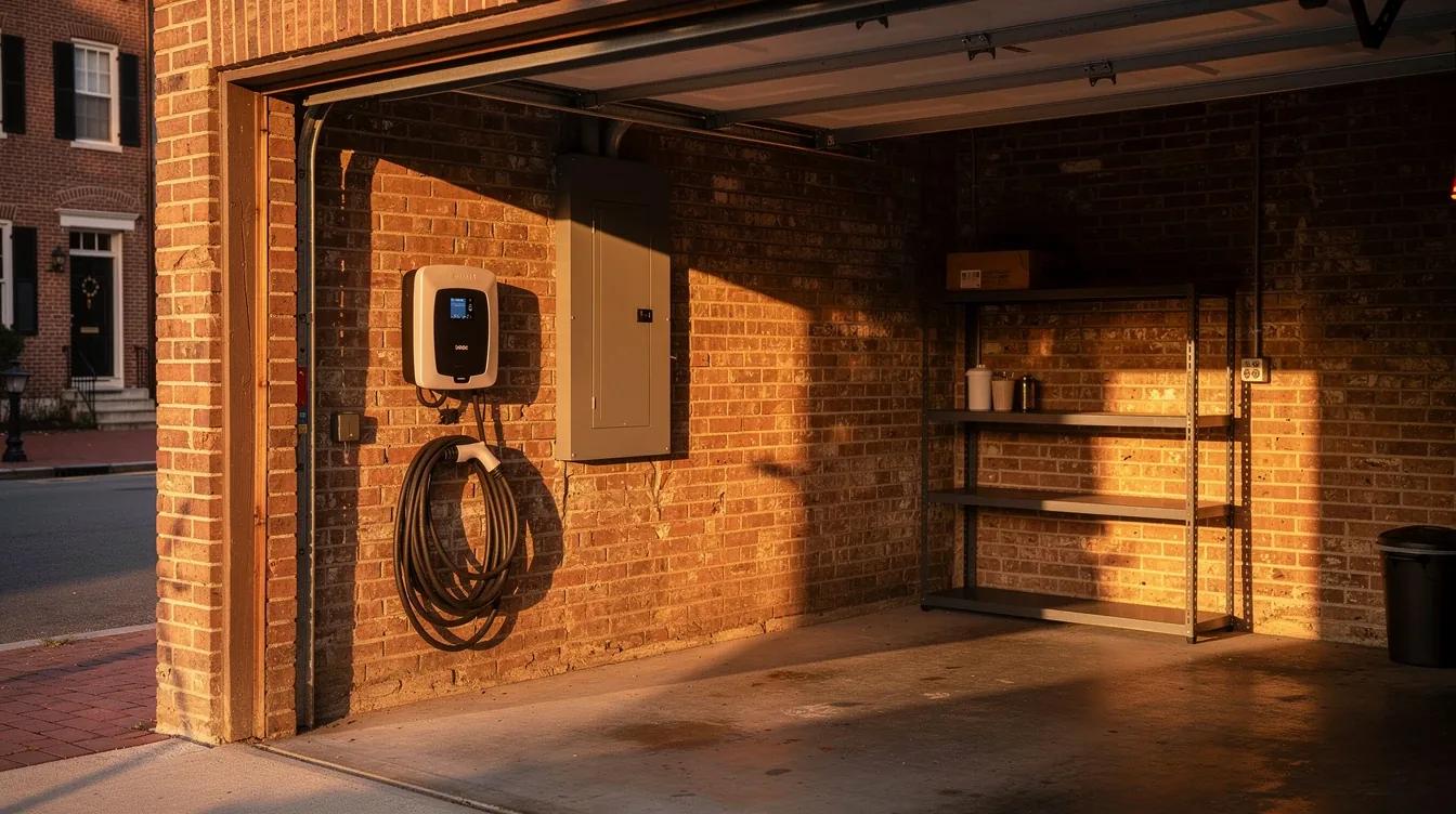 Level 2 EV charger mounted in a DC rowhouse garage next to an electrical panel