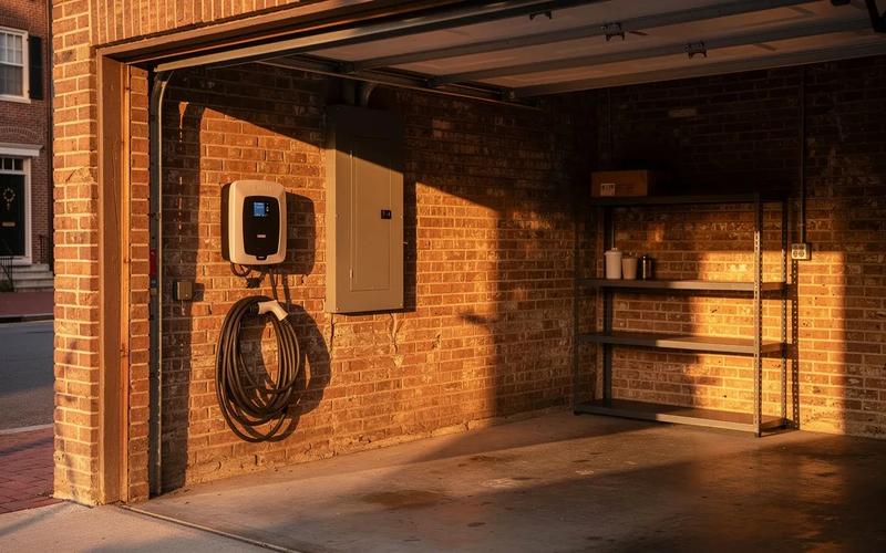 Level 2 EV charger mounted in a DC rowhouse garage next to an electrical panel