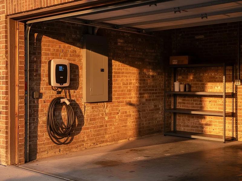 Level 2 EV charger mounted in a DC rowhouse garage next to an electrical panel