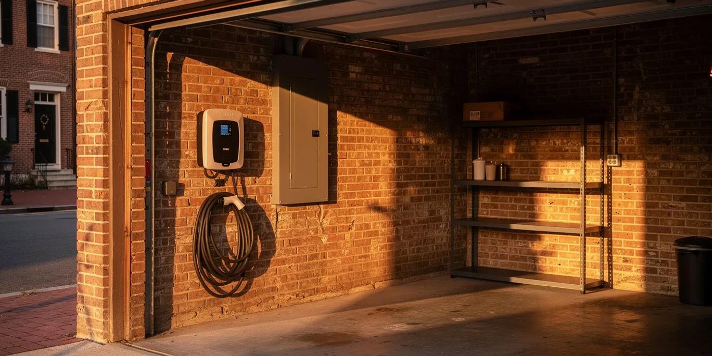 Level 2 EV charger mounted in a DC rowhouse garage next to an electrical panel