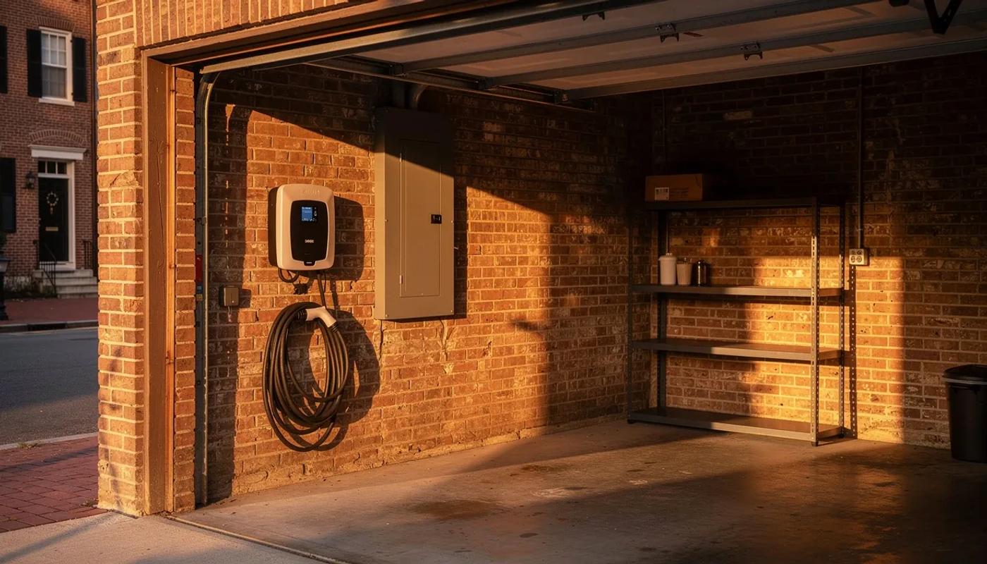 Level 2 EV charger mounted in a DC rowhouse garage next to an electrical panel