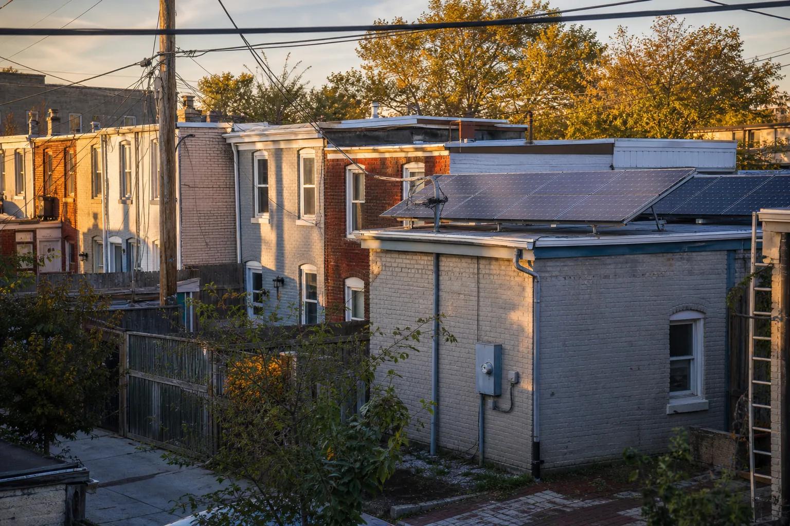 DC rowhouse rooftop with solar panels, illustrating renting solar panels via lease or PPA in Washington, DC