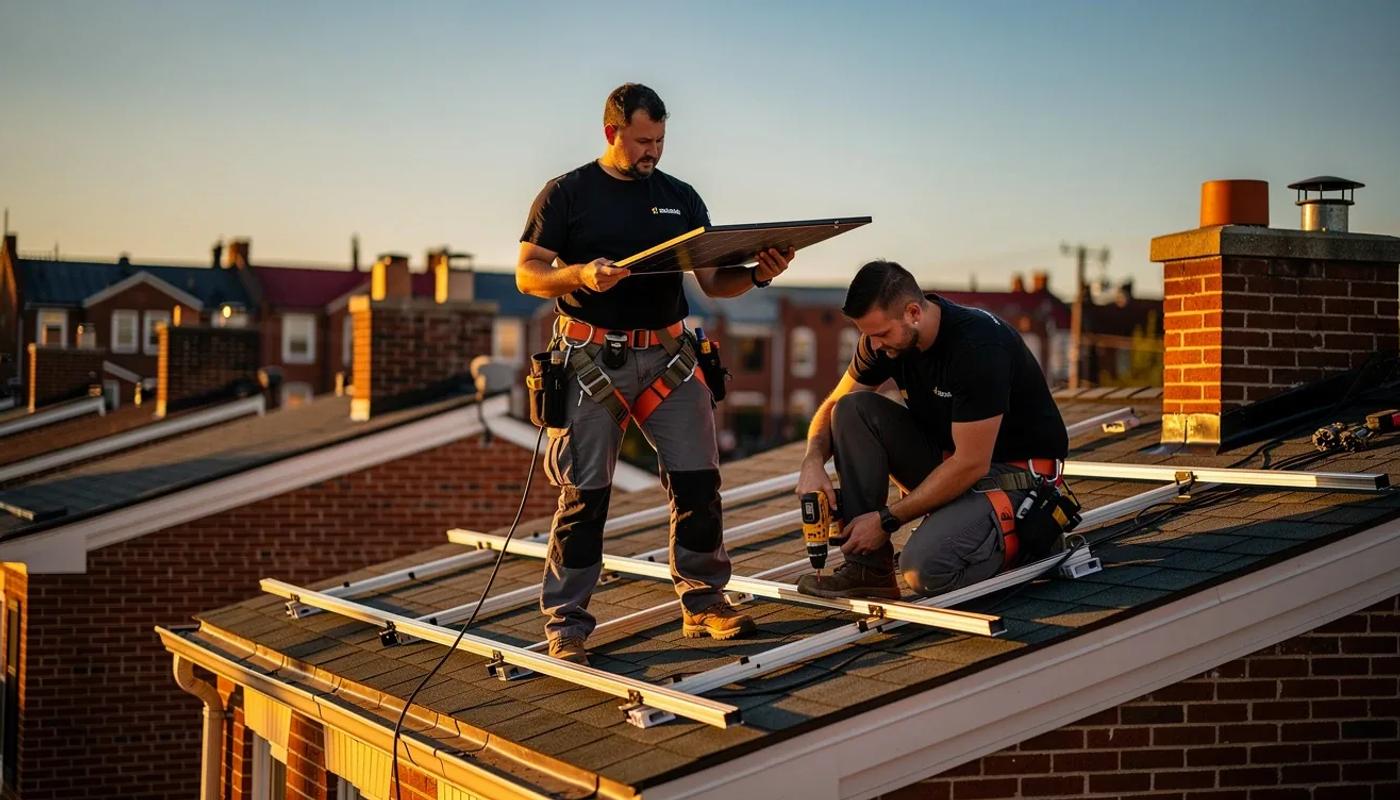 Solar panel installation on a Washington DC row house roof