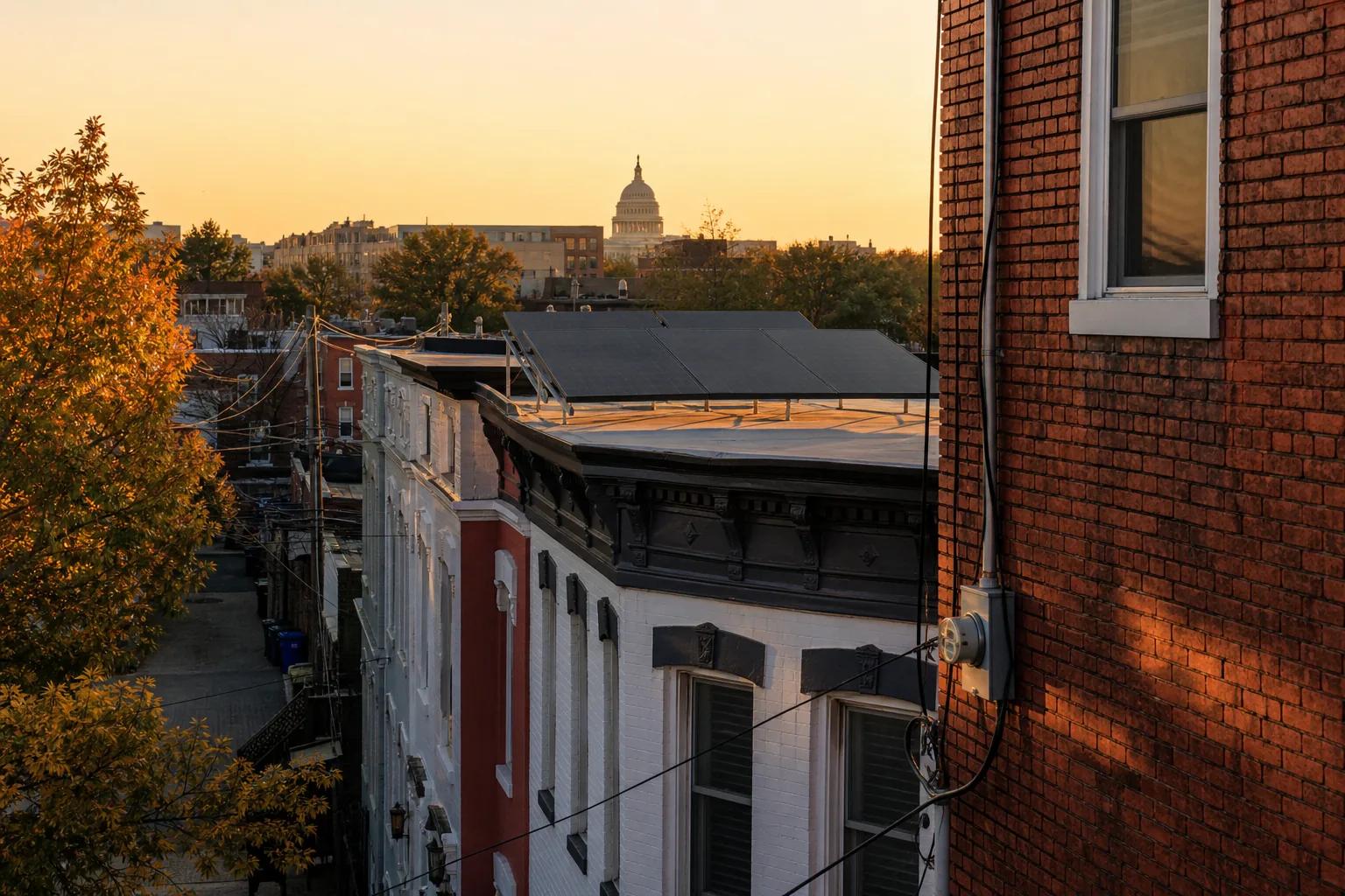 Pepco meter and rooftop solar array in Washington, DC, illustrating policy-stable returns compared to Maine community solar