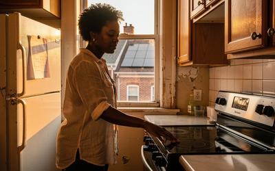 DC homeowner examining induction stove installation costs in a brick rowhouse kitchen in 2026