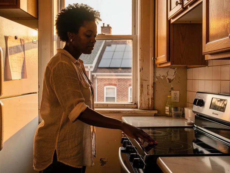 DC homeowner examining induction stove installation costs in a brick rowhouse kitchen in 2026
