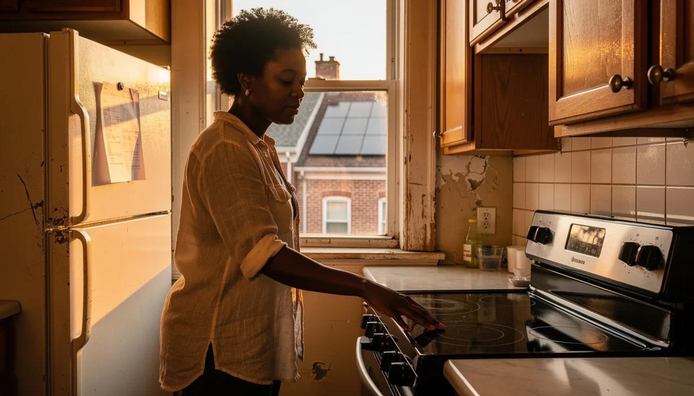 DC homeowner examining induction stove installation costs in a brick rowhouse kitchen in 2026