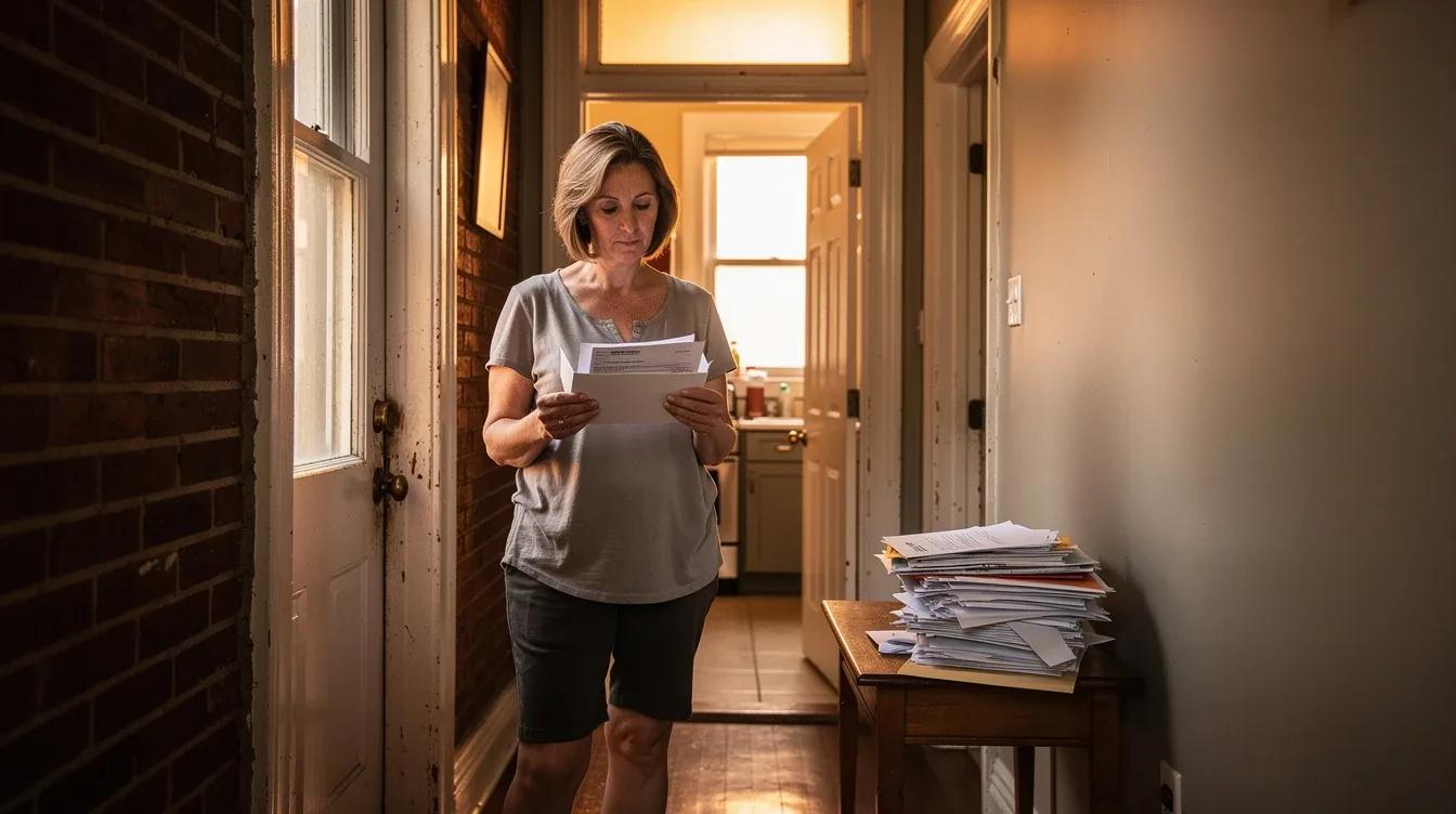 DC homeowner reviewing Pepco bill assistance paperwork at a kitchen table in a brick row house