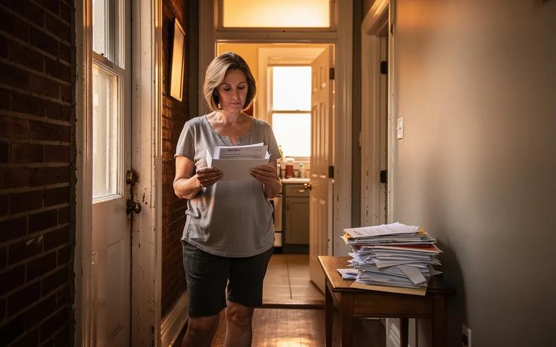 DC homeowner reviewing Pepco bill assistance paperwork at a kitchen table in a brick row house