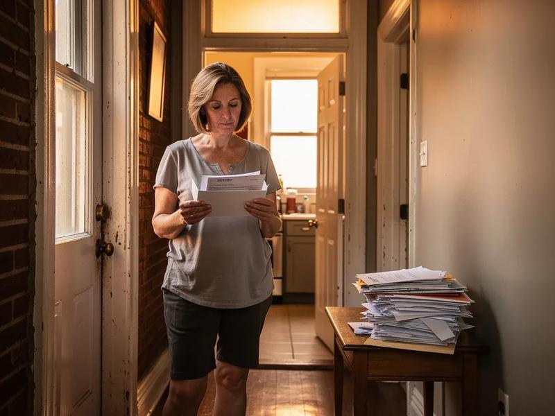 DC homeowner reviewing Pepco bill assistance paperwork at a kitchen table in a brick row house