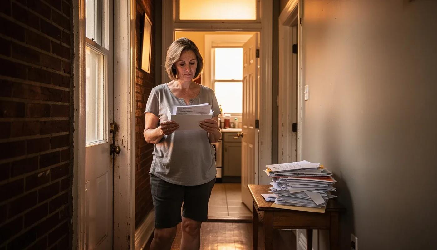 DC homeowner reviewing Pepco bill assistance paperwork at a kitchen table in a brick row house