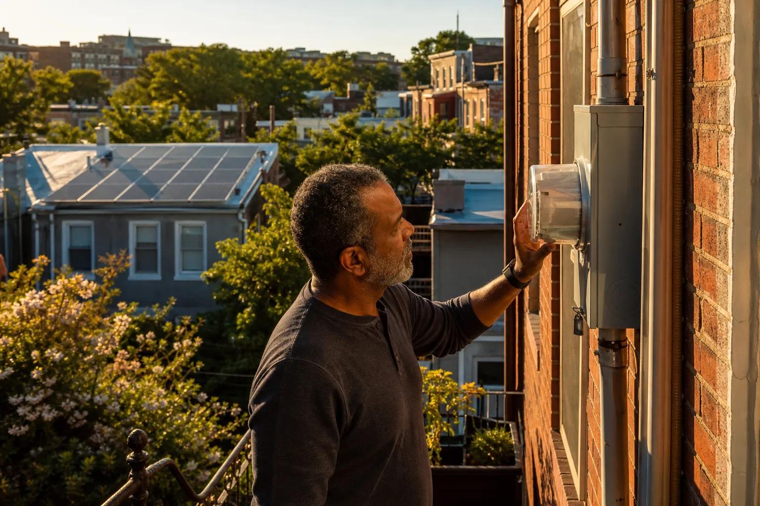 Rowhouse rooftops in Washington DC with solar panels and an inverter enclosure, illustrating inverter and optimizer diagnosis