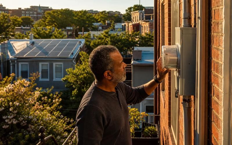 Rowhouse rooftops in Washington DC with solar panels and an inverter enclosure, illustrating inverter and optimizer diagnosis