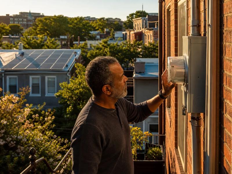 Rowhouse rooftops in Washington DC with solar panels and an inverter enclosure, illustrating inverter and optimizer diagnosis